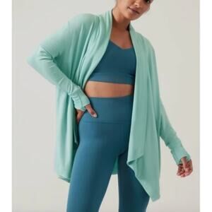 Athleta Pranayama Wrap Cardigan Aqua Light Blue Green Lagenlook Minimalist XS